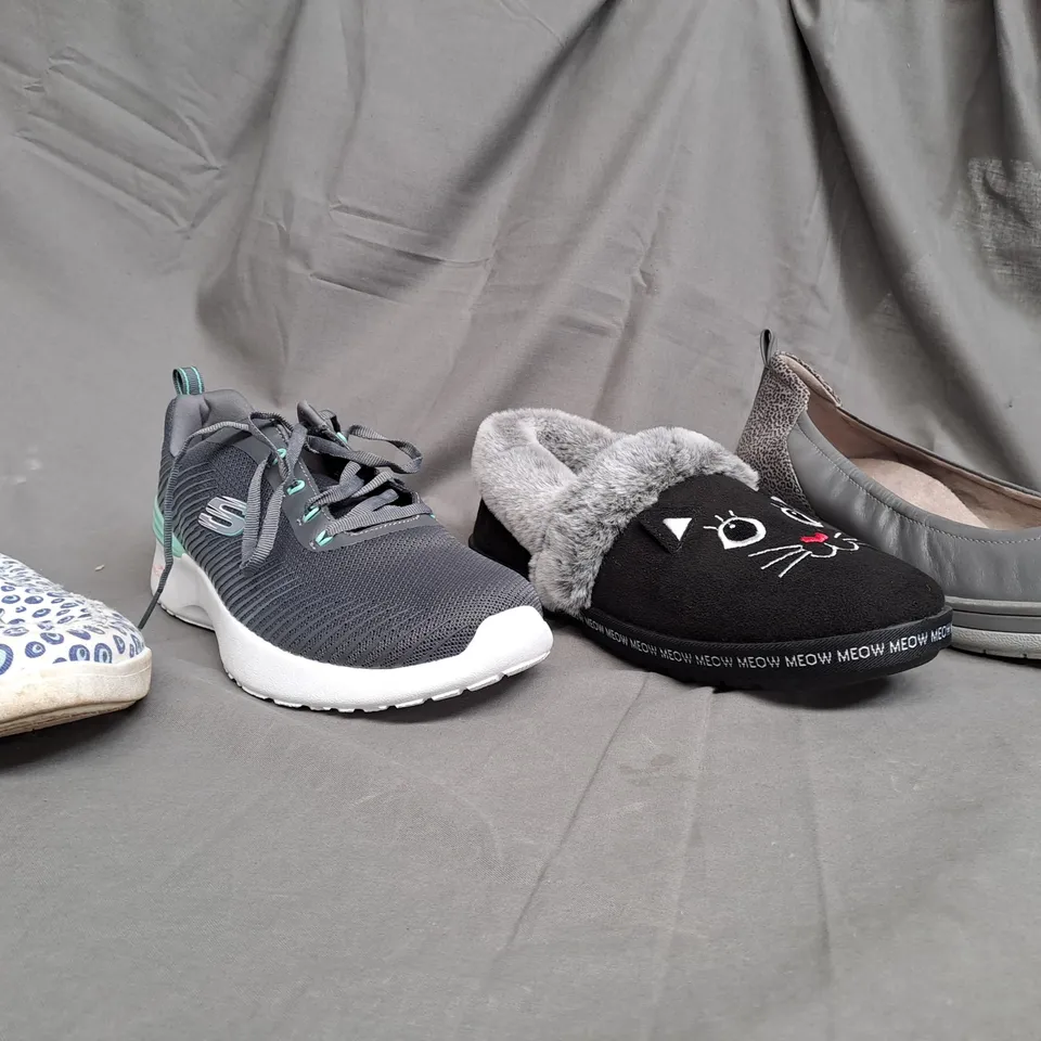 BOX OF APPROXIMATELY 8 ASSORTED PAIRS OF SHOES IN VARIOUS STYLES AND SIZES TO INCLUE TRAINERS , SLIPPERS , BOOTS ETC