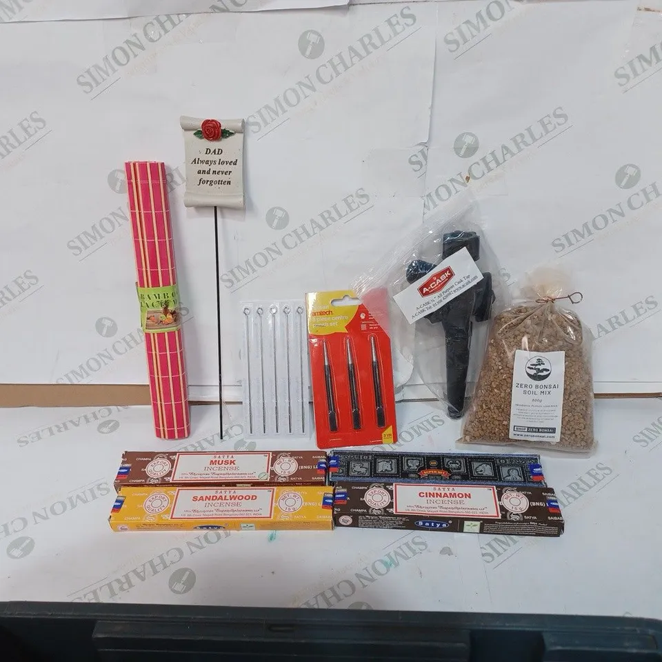 BOX TO CONTAIN APPROXIMATELY 30 ASSORTED HOME DIY AND RELAXATION PRODUCTS, INCLUDES PACKS OF INCENSE, BONSAI SOIL, ALL PURPOSE CASK TAP ETC 
