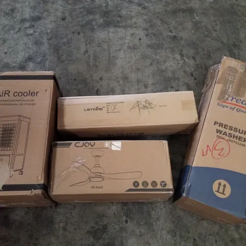 PALLET OF ASSORTED PRODUCTS INCLUDING AIR COOLER, LED CEILING FAN, PRESSURE WASHER, 6 PERSON TENT, TABLE BASE