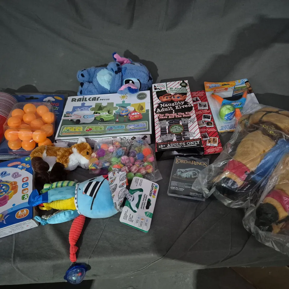 QUANTITY OF ASSORTED TOYS TO INCLUDE NAUGHTY ADULT ELVES, STITCH SLEEP TEDDY, AND BEER PONG ETC. 