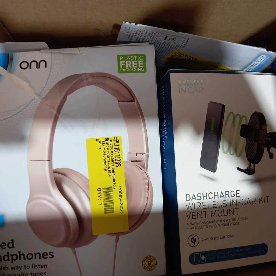 BOX OF APPROXIMATELY 5 ASSORTED HOUSEHOLD ITEMS TO INCLUDE ONN PORTABLE STEREO BLUETOOTH SPEAKER, ASDA TECH BLUETOOTH SPEAKER, ASDA TECH KIDS HEADPHONES, ETC