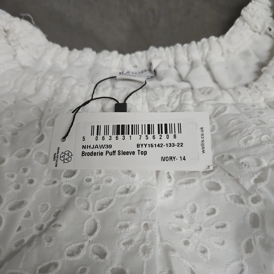 WALLIS W COLLECTION BRODERIE PUFF SLEEVE TOP - IVORY - UK 14