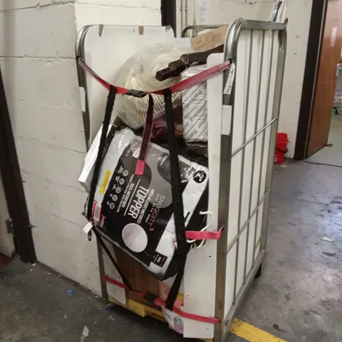 CAGE OF ASSORTED HOUSEHOLD GOODS AND PRODUCTS TO INCLUDE; MATTRESS TOPPER, DUVET, CHRISTMAS DECORATIONS ETC - CAGE NOT INCLUDED