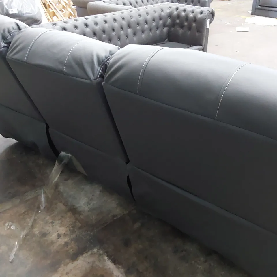 DESIGNER MANUAL RECLINING THREE SEATER SOFA GREY LEATHER WITH BLACK PIPING & FEATURED STITCHING 