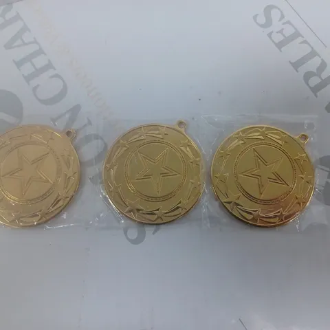 BOX OF APPROXIMATELY 100 MEDALS GOLD-COLOURED
