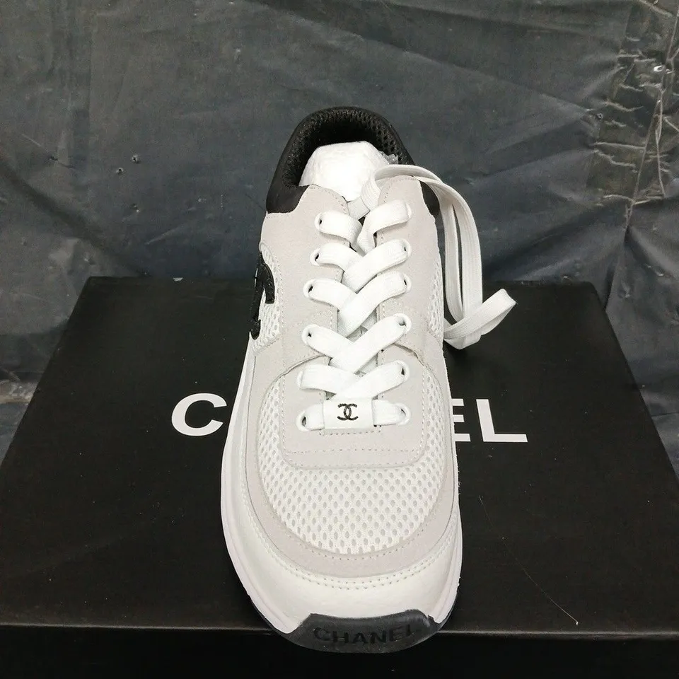 BOXED PAIR OF CHANEL MESH SUEDE TRAINERS - UK SIZE 38