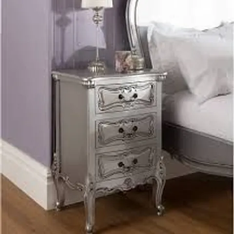 BRAND NEW BOXED HOMESDIRECT365 LA ROCHELLE SILVER FRENCH STYLE BEDSIDE CABINET | 3 DRAWER SHABBY CHIC