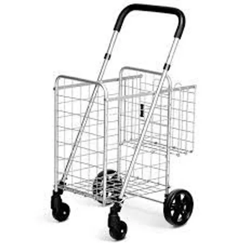 BOXED FOLDING HEIGHT ADJUSTABLE SHOPPING TROLLEY WITH HANDLE AND WHEELS - SILVER