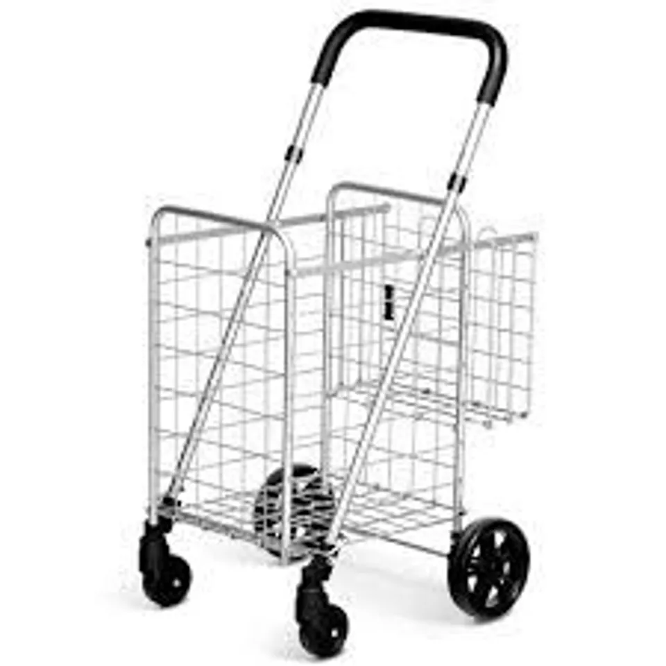 BOXED FOLDING HEIGHT ADJUSTABLE SHOPPING TROLLEY WITH HANDLE AND WHEELS - SILVER