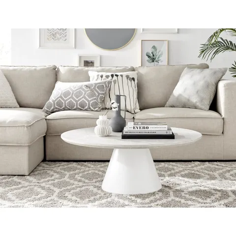 BOXED BRIJIDA BEIGE STONE WHITE PEDESTAL COFFEE TABLE (2 BOXES)