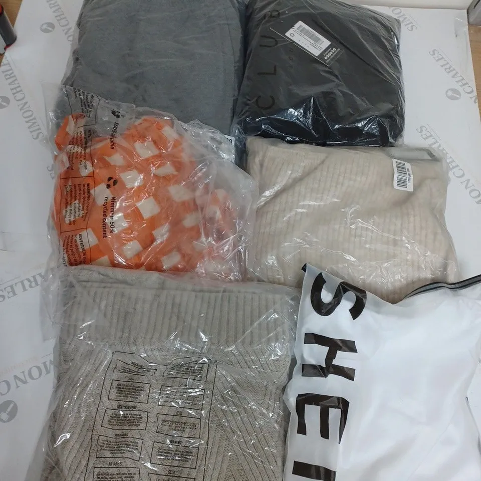 LARGE BOX OF ASSORTED CLOTHING ITEMS IN VARIOUS COLOURS AND SIZES INCLUDING TROUSERS , TOPS AND JUMPERS 