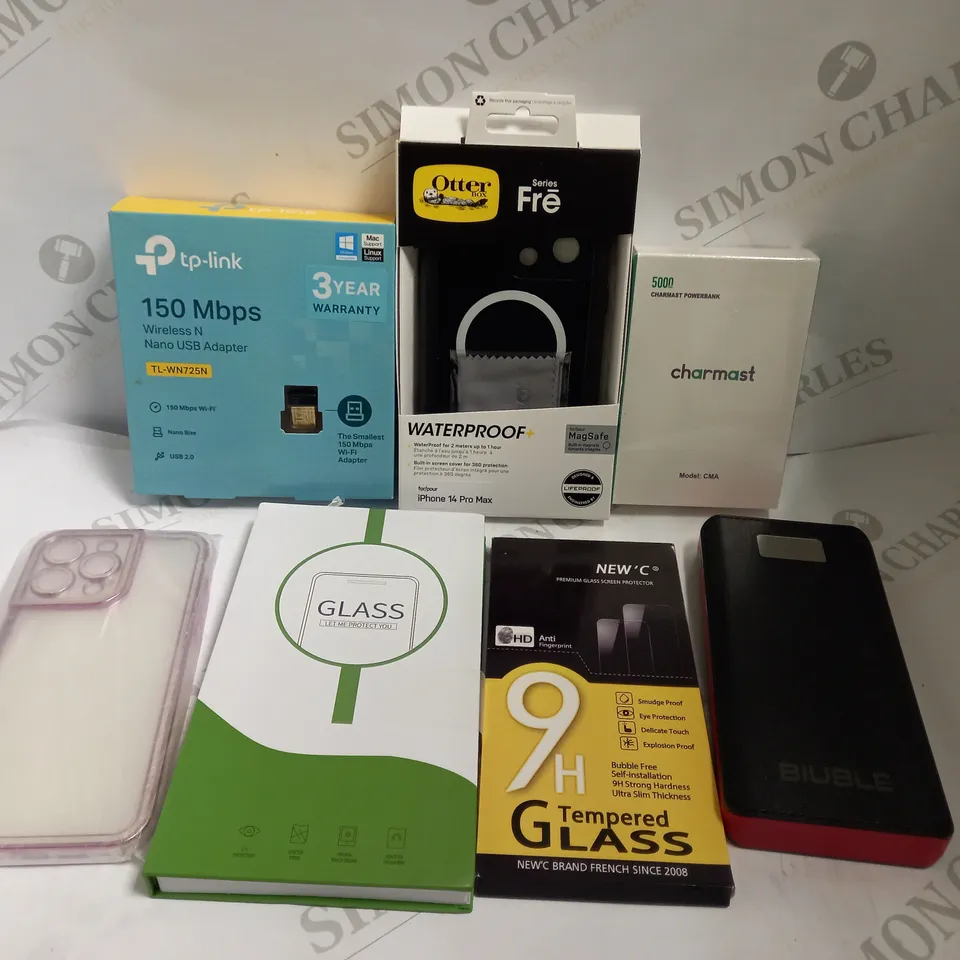 BOX OF APPROX 10 ITEMS INCLUDING CHARMAST POWER BANK, ASSORTED PHONE CASES AND TP LINK WIRELESS ADAPTER