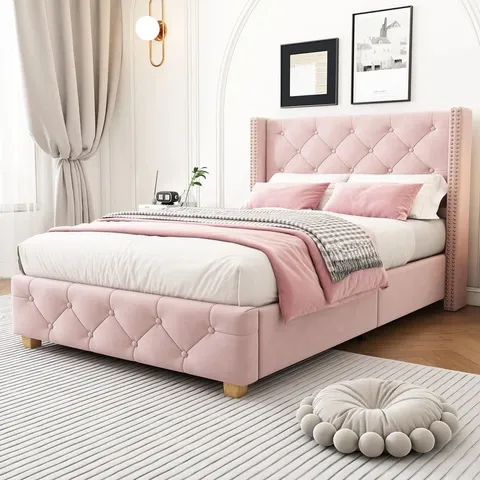 BOXED VELVET UPHOLSTERED 3FT BED WITH SLATTED FRAME//SIZE: SINGLE - PINK (1 BOX)