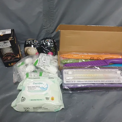 APPROXIMATELY 10 ASSORTED HOUSEHOLD ITEMS TO INCLUDE coloured kitchen knife set, halogen heater replacement tubes, dylon fabric dye, etc 