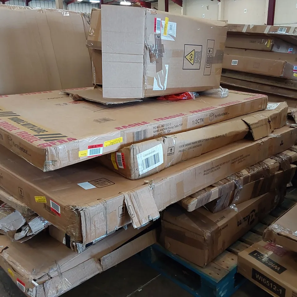 LARGE PALLET OF ASSORTED FURNITURE PARTS AND CONSUMER GOODS