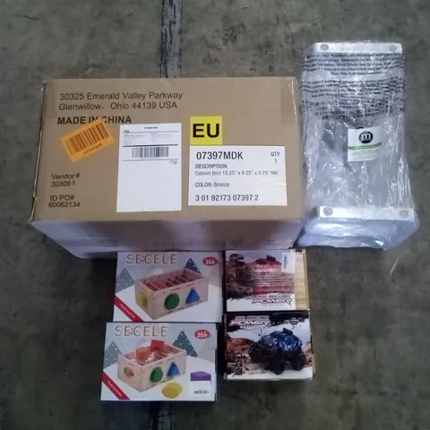 PALLET OF ASSORTED ITEMS INCLUDING M-DESIGN BRONZE CABINET BINS, M-DESIGN WINE RACKS, ROCK CLIMBER REMOTE CONTROL CAR, BABY SENSORY TOY