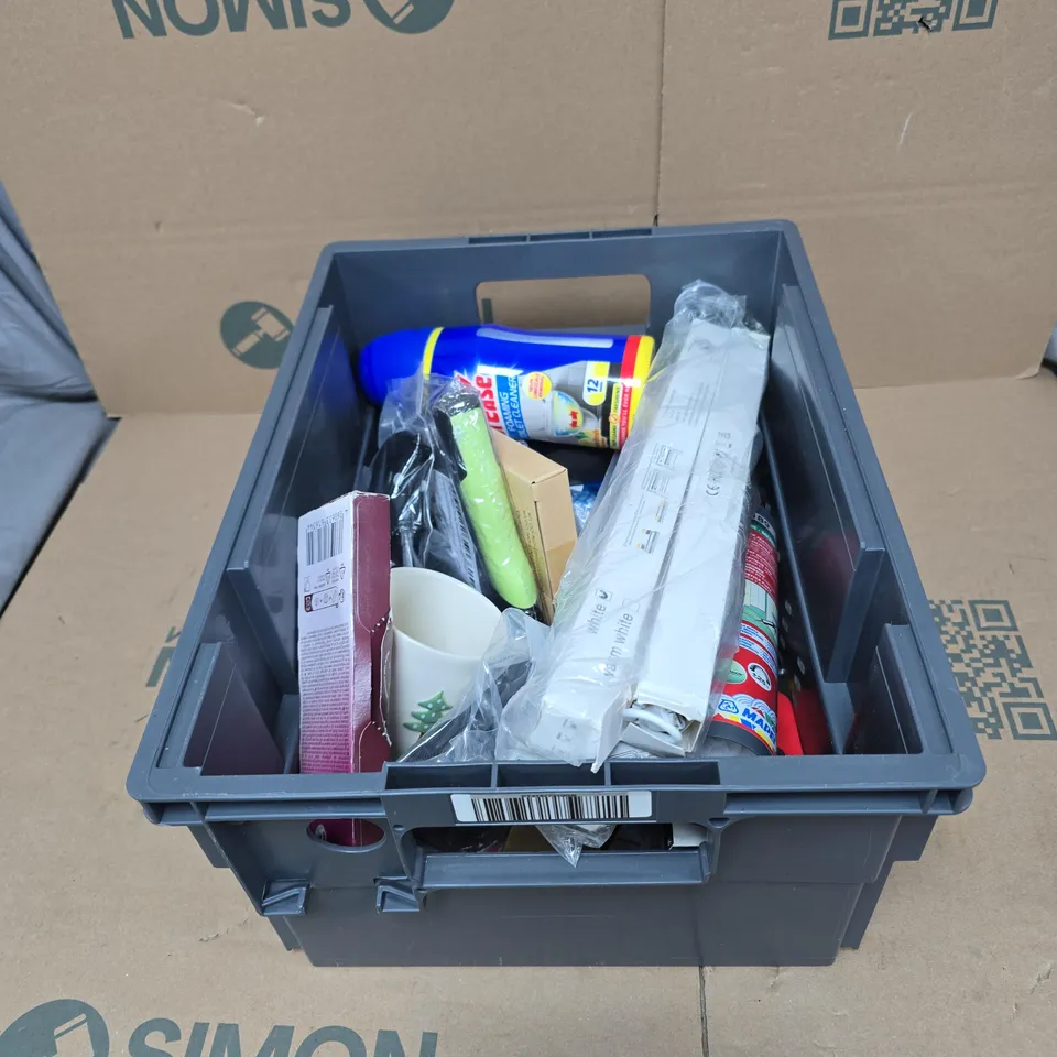 TOTE OF APPROXIMATELY 15 ASSORTED HOUSEHOLD ITEMS TO INCLUDE SILICONE SEALANT, AIR UP WILD BERRY, CHRISTMAS CUP, ELBOW GREASE TOILET CLEANER ETC