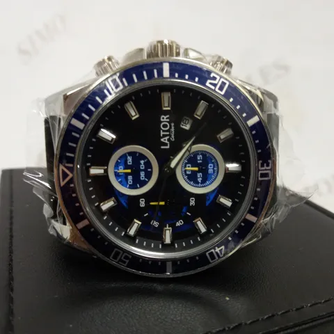LATOR CALIBRE BLUE & BLACK CHRONO LEATHER STRAP WATCH
