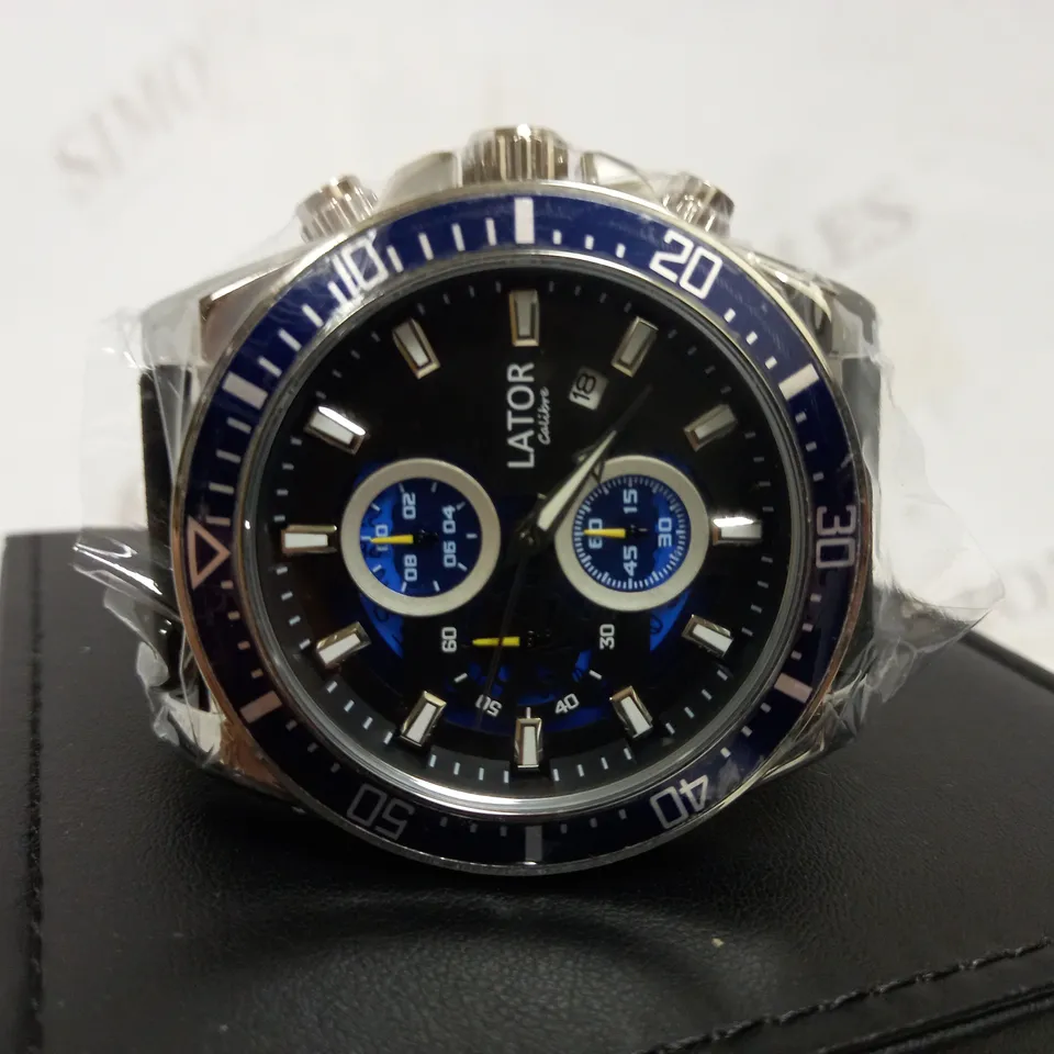 LATOR CALIBRE BLUE & BLACK CHRONO LEATHER STRAP WATCH RRP £530