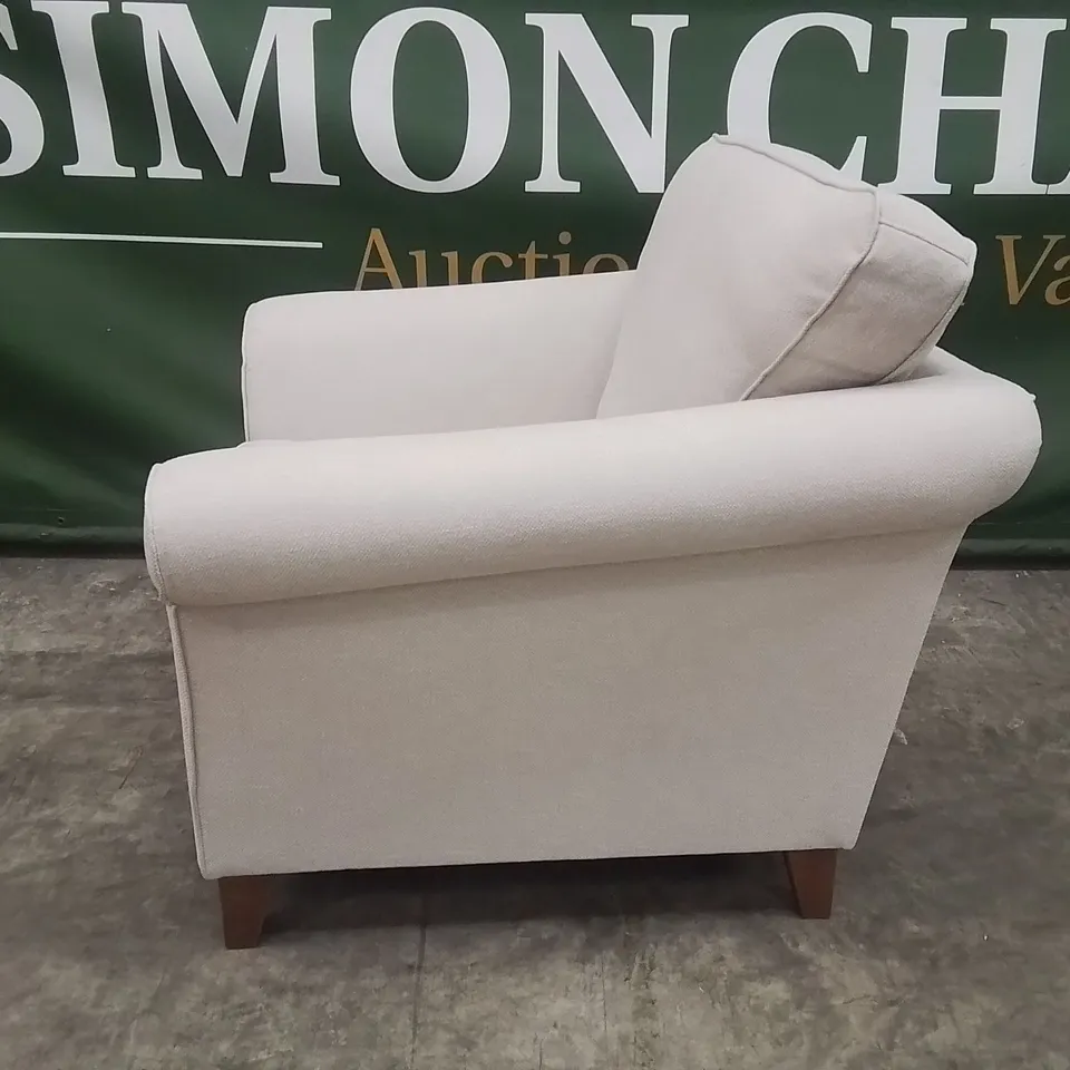 QUALITY DESIGNER EX SHOWROOM FABRIC UPHOLSTERED ARMCHAIR - NATURAL 