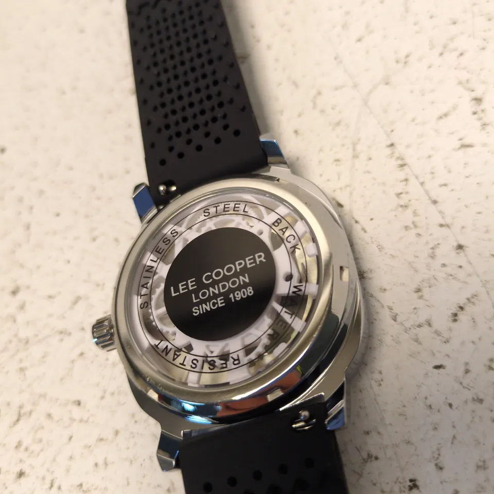 LEE COOPER LONDON SKELETON DIAL WRISTWATCH – STAINLESS STEEL CASE, BLACK RUBBER STRAP