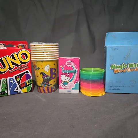 BOX OF APPROX 12 ASSORTED TOYS TO INCLUDE - UNO CARDS , MAGIC WATER WORD CARDS , RAINBOW SPRING ETC