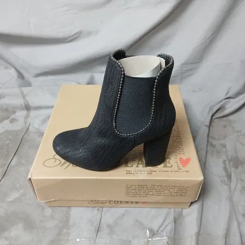 UK 4 BLACK CROCODILE-EFFECT ANKLE BOOTS WITH STUDDED TRIM – SHOECOLATE