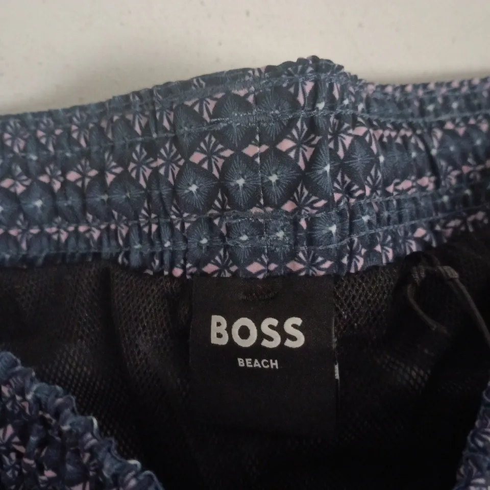 HUGO BOSS BEACH SHORTS – NAVY GEOMETRIC PRINT, MEN'S UK L