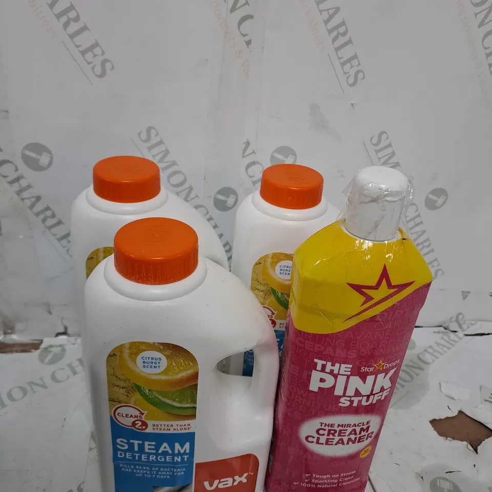 GROUP OF ASSORTED CLEANING ITEMS TOO INCLUDE STEAM DETERGENT , CREAM CLEANER 