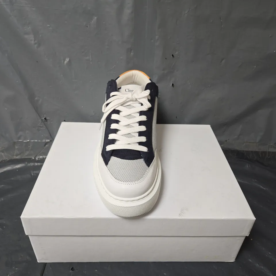 BOXED PAIR OF CLEENS LUXOR TRAINERS IN NAVY WHITE - UK 12.5