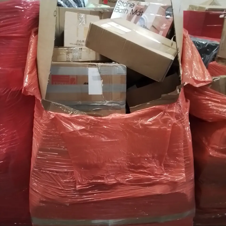 PALLET OF VARIOUS ASSORTED BOXED HOUSEHOLD ITEMS TO INCLUDE. ANYCUBIC KOBRA 2 NEO 3D PRINTER, PORTABLE EV CHARGER, CEILING LAMP, STONE BATH MAT ETC.