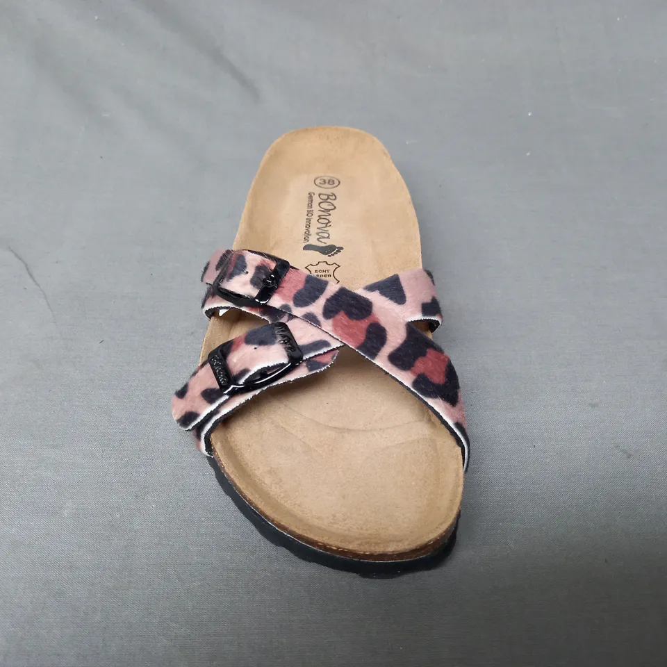 BOXED PAIR OF BONOVA CROSS STRAP SANDALS IN ANIMAL PRINT SIZE 5