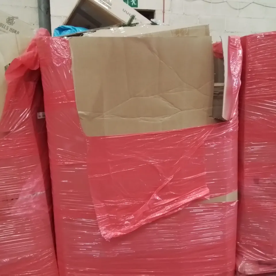 PALLET OF ASSORTED ITEMS TO INCLUDE: BOKKOLIK BAR TABLE, ARTIFICIAL CHRISTMAS TREE, 2.9M TELESCOPIC LADDER, NURSERY STEP STOOL ECT