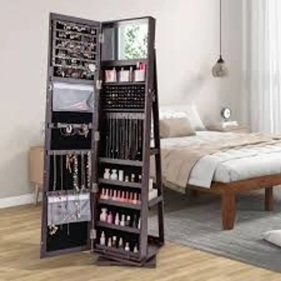 BOXED TOTAL TACTIC HW64483ZS 360 DEG ROTATABLE 2-IN-1 LOCKABLE JEWELRY CABINET WITH FULL-LENGTH MIRROR - DARK BROWN