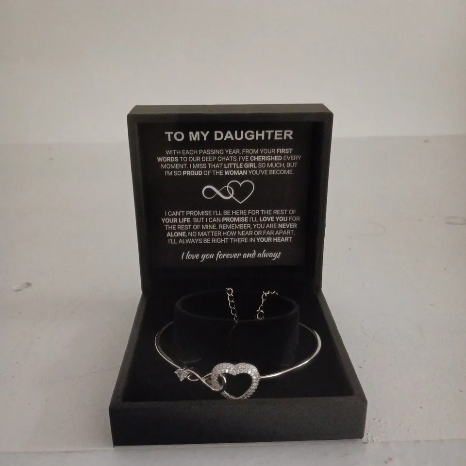 "TO MY DAUGHTER" SILVER-TONE BRACELET WITH CRYSTAL HEART AND INFINITY MOTIF IN PRESENTATION BOX 