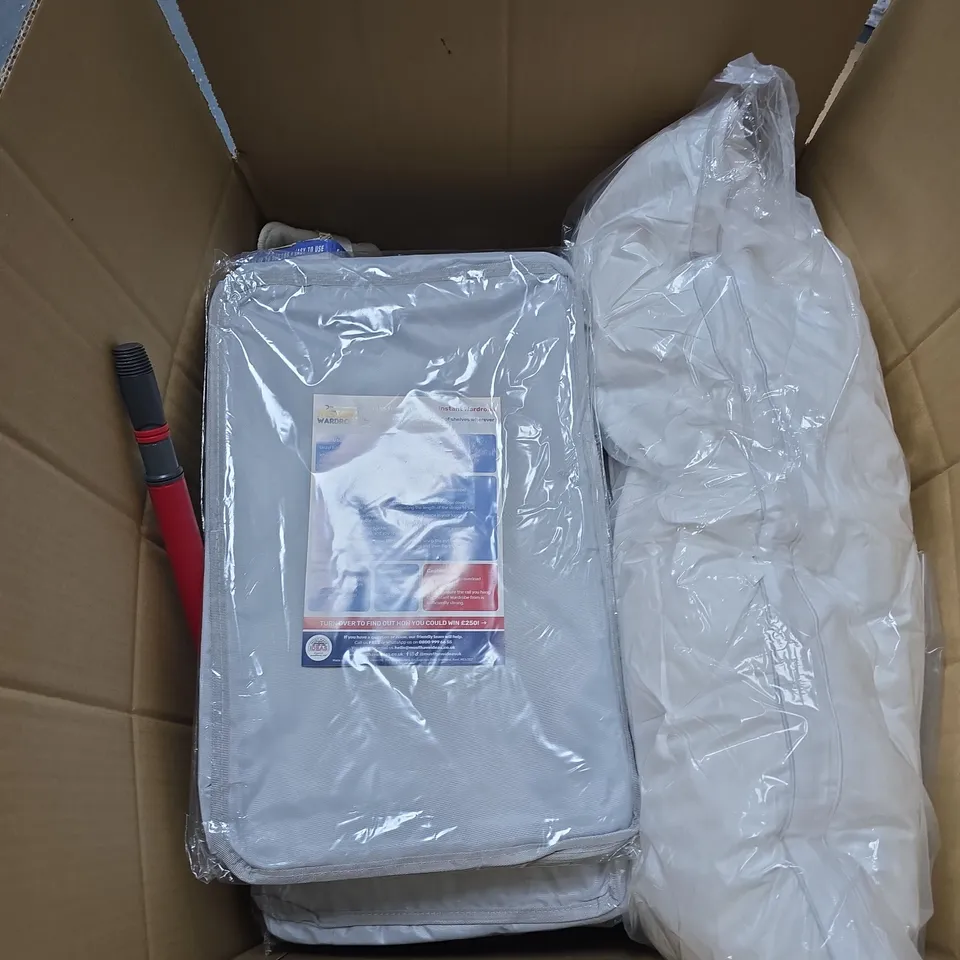 BOX OF APPROXIMATELY 18 ASSORTED HOUSEHOLD ITEMS INCLUDING INSTANT WARDROBE , CHRISTMAS WRAPPING PAPER AND FURNITURE MOVERS