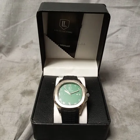 MENS LOUIS LACOMBE WATCH – GREEN DIAL WITH DATE – BLACK RUBBER STRAP