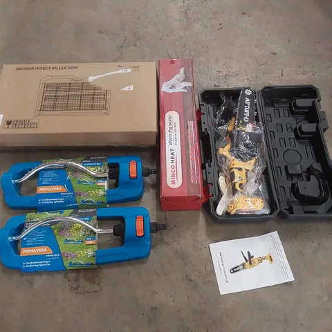 PALLET OF ASSORTED HOUSEHOLD GOODS AND PRODUCTS TO INCLUDE; GARDEN SPRINKLER, BRUSHLESS CHAINSAW, INDOOR INSECT KILLER ETC