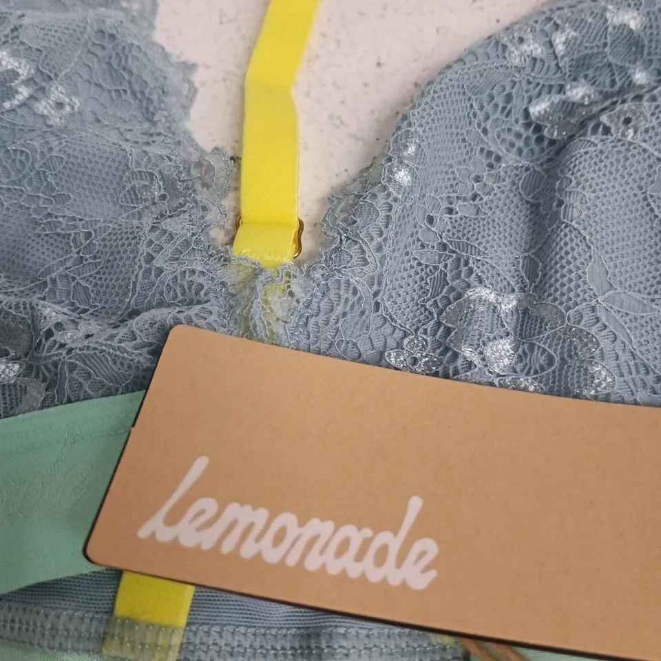 LEMONADE LACE BRALETTE – BLUE-GREY WITH YELLOW STRAPS, UK 36 (36 A-D) BRAND TAG ATTACHED
