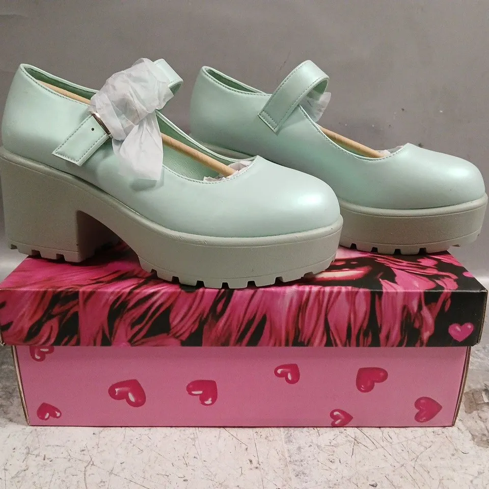 BOXED PAIR OF KOI TIRA PEARL MARY JANES SKY JEWEL EDITION IN BLUE SIZE UK 4