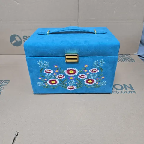 BLUE VELVET JEWELLERY BOX WITH FLORAL EMBROIDERY, MIRROR, AND DRAWERS BOXED