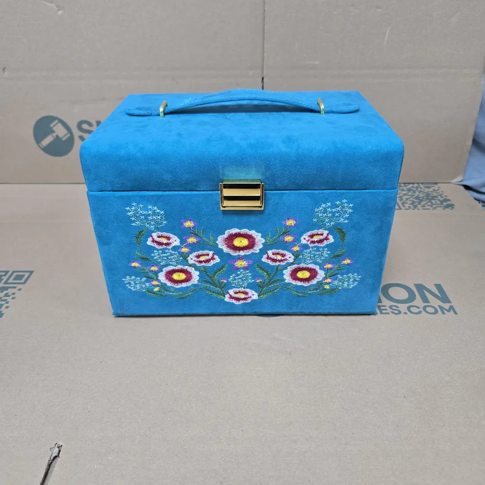 BLUE VELVET JEWELLERY BOX WITH FLORAL EMBROIDERY, MIRROR, AND DRAWERS BOXED