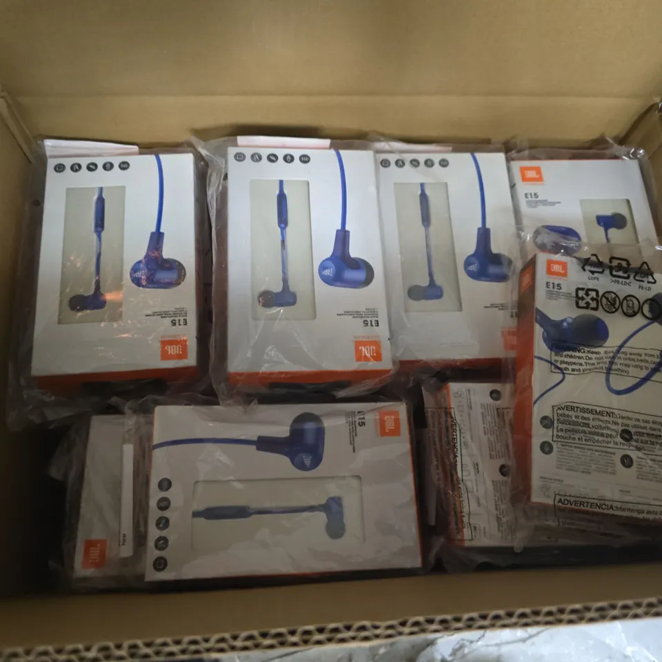 APPROXIMATELY 50 BOXED JBL E15 IN-EAR HEADPHONES IN BLUE