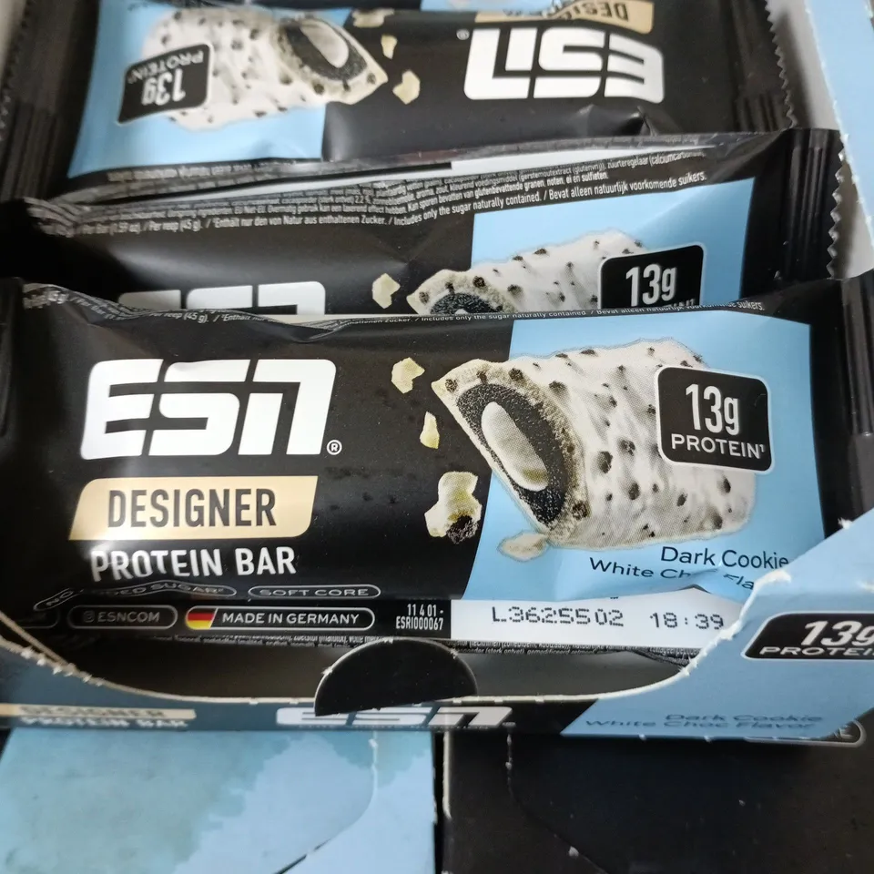 LOT OF APPROXIMATELY 36 ESB DESIGNER PROTEIN BARS - WHITE CHOC & DARK COOKIE