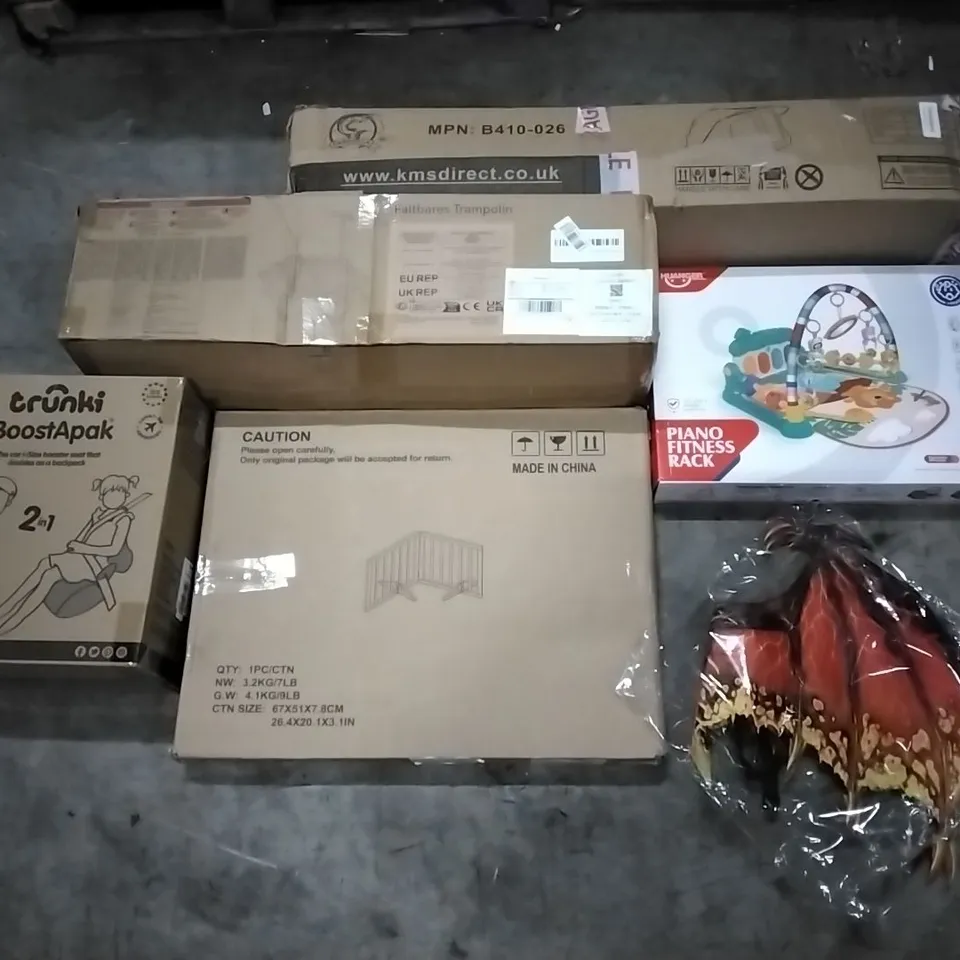 PALLET CONTAINING ASSORTED PRODUCTS INCLUDING PIANO FITNESS RACK, TENT, TRAMPOLINE, 2IN1 BOOSTER SEAT/BACKPACK & DRAGON WINGS COSTUME
