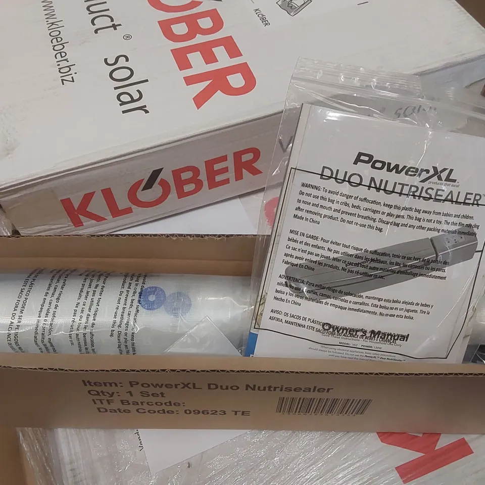 PALLET CONTAINING A VERY LARGE QUANTITY OF ITEMS INCLUDING: POWER XL DUO NUTRISEALERS, VERDUCT SOLAR DUO SOLAR THERMAL OUTLET KITS FOR ROOF TILES ECT