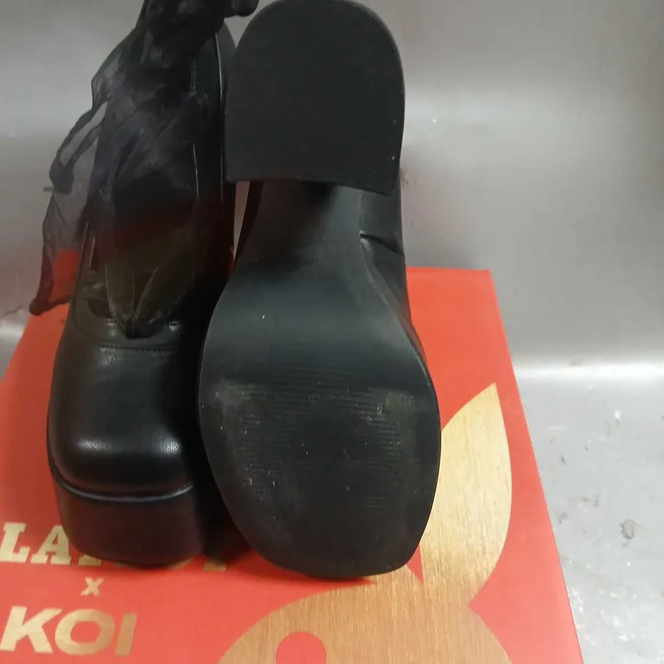 BOXED PLAYBOY X KOI INFIDELITY BLACK LACE UP HEELS SIZE 6