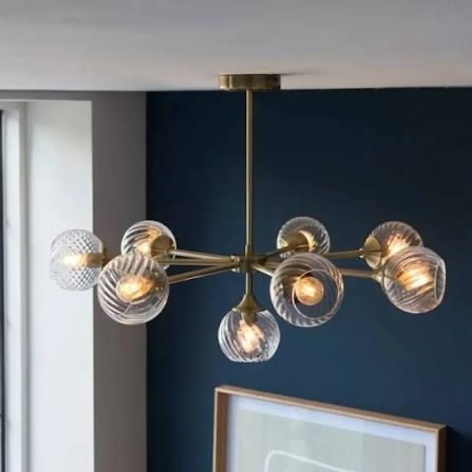 BOXED ENDON ALLEGRA 8 LIGHT PENDANT ANTIQUE BRASS PLATE AND CLEAR SPIRAL GLASS