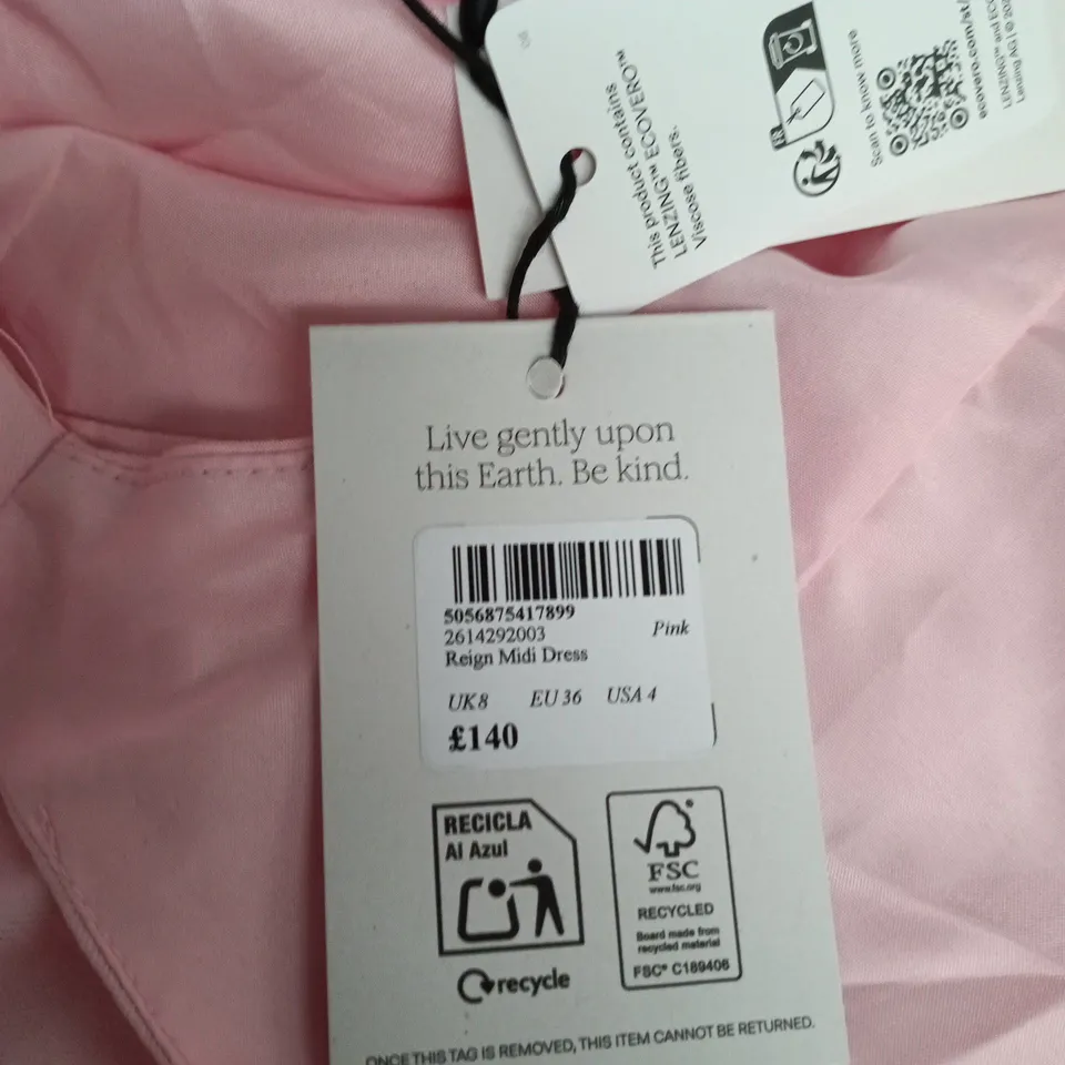 NOBODY'S CHILD REIGN MIDI DRESS – PINK, UK 8 (EU 36, US 4) – MADE IN MOROCCO