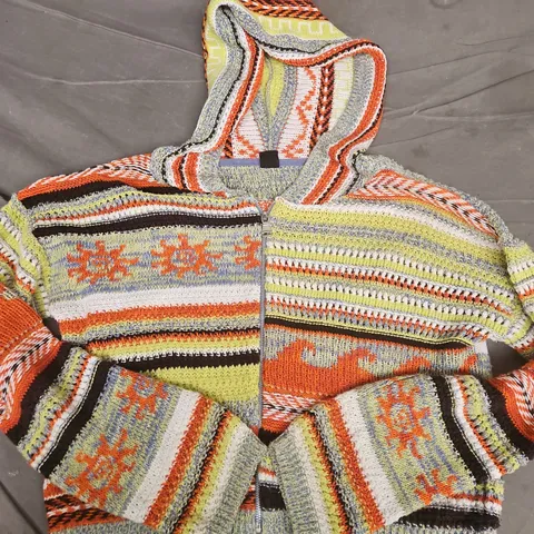 URBAN OURFITTERS CROP FIT KNIT ZIP-UP HOODIE CARDIGAN – MULTICOLOUR GEOMETRIC KNIT, SIZE M